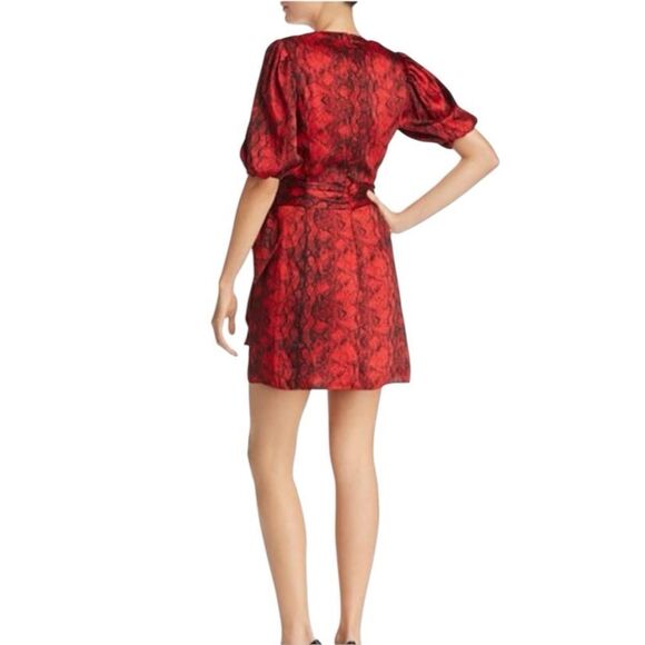 RONNY KOBO Dress Torrey Mini V neck Puffed Sleeve Snakeskin Print Red Size XS - Picture 3 of 14